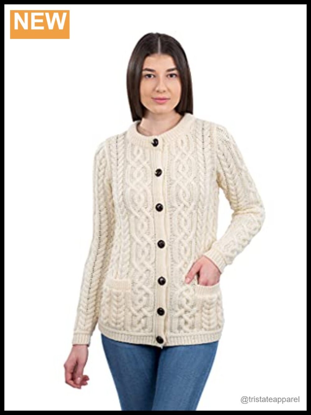 100% Merino Wool Aran Cardigan with Pockets